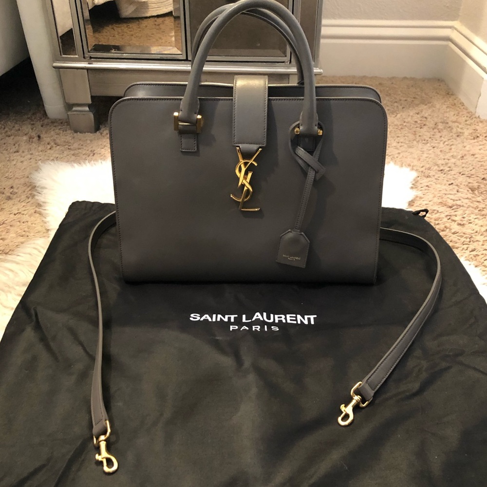 YSL Small Cabas Monogram Fog Gray Smooth Leather - Picture 1 of 8